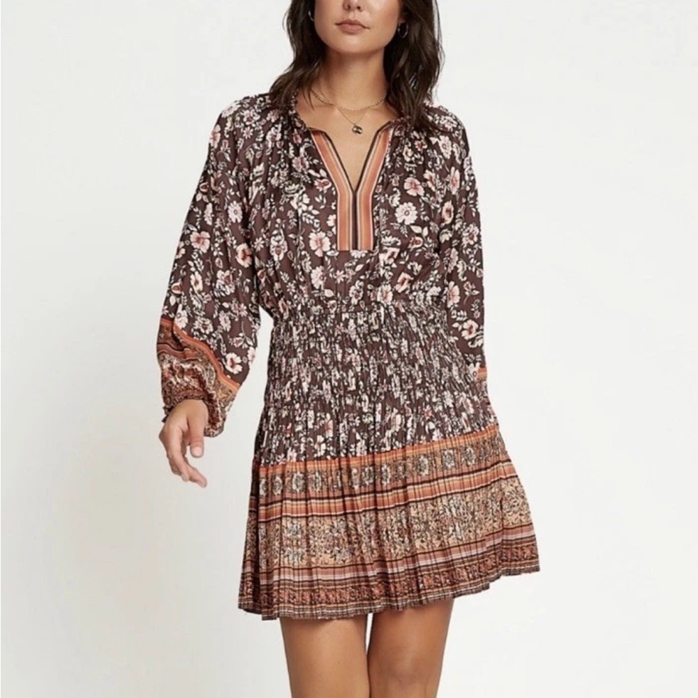 Anthropologie Current Air Brown Floral Print mini dress size XS